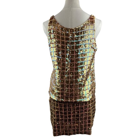 Moda International Sequin Top & Skirt Set S/4 Gold & Bronze 100% Silk Made In Ch - Picture 2 of 8